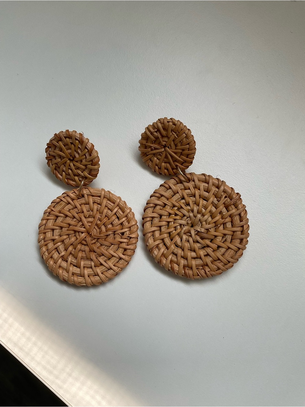 Handcrafted Woven Circle Drop Earrings in Natural Tan